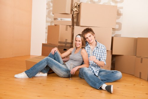 Removal van and packed boxes ready for a move in Putney